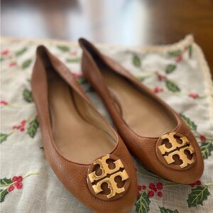 Tory Burch Brown Leather Flats with Gold Accent